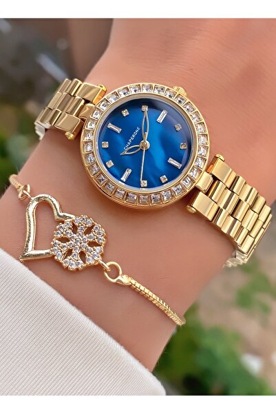 Merand ساعة يد نسائية مقاومة للماء هيكل فولاذي مرصع بمينا أزرق + سوار هدية