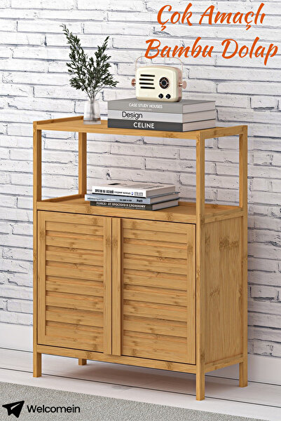 welcomein Doğal Bambu Çok Amaçlı Kapaklı Dolap – Raflı Depolama Ünitesi 63,5x...