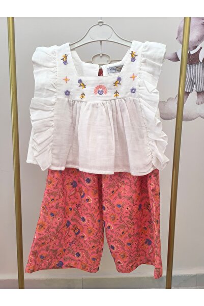 kidsense Girls' Embroidered Ruffle Sleeve Ethnic Pattern Pants Suit