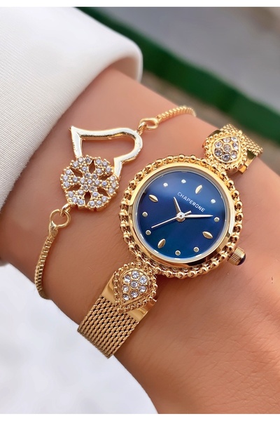 Merand ساعة يد نسائية هيكل فولاذي مقاوم للماء مينا أزرق وسوار من حجر الراين م...