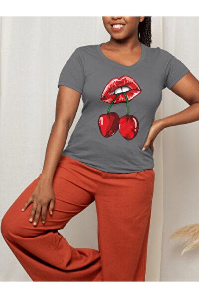 MEİLİFENG Unisex Flying Cherry on Lip Oversize Combed Cotton Tshirt