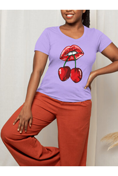 MEİLİFENG Unisex Flying Cherry on Lip Oversize Combed Cotton Tshirt