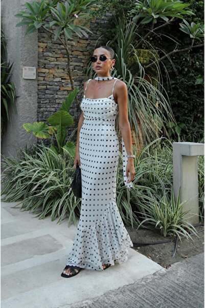 Havoş White Sher Polka Dot Chiffon Dress with Shawl