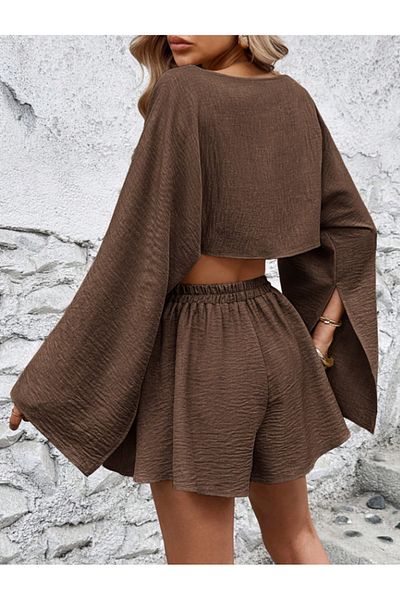 Arfami Double Bottom Top Set Slit Sleeve Detail Off Shoulder Relaxed Fit Blouse Shorts Set