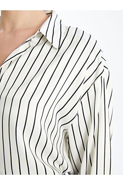 LC Waikiki Ekru Çizgili Uzun Kollu Oversize Saten Kadın Gömlek