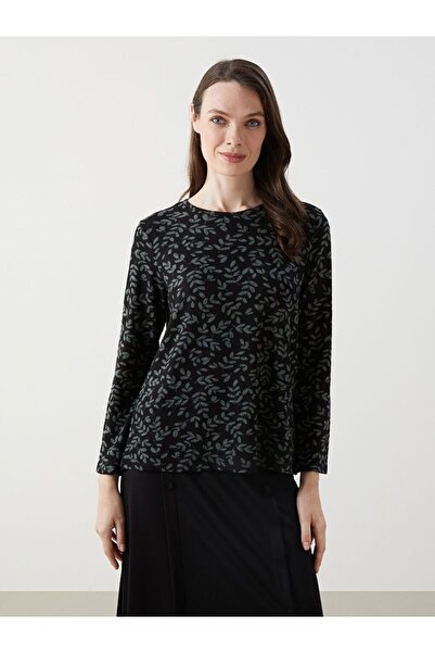 LC Waikiki Siyah Bisiklet Yaka Desenli Kadın Bluz