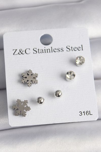 Toptan Bulurum 316L Steel Silver Color Zircon Stone Snowflake Model Women's Earring Set