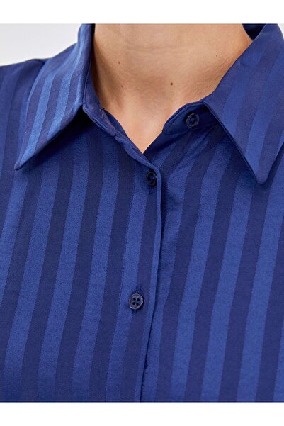 LC Waikiki Navy Blue Striped Satin Women's Shirt Tunic