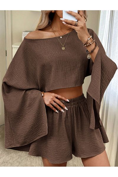 Arfami Double Bottom Top Set Slit Sleeve Detail Off Shoulder Relaxed Fit Blouse Shorts Set