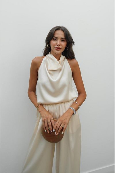 Havoş Beige Winkle Satin Blouse Trousers Set