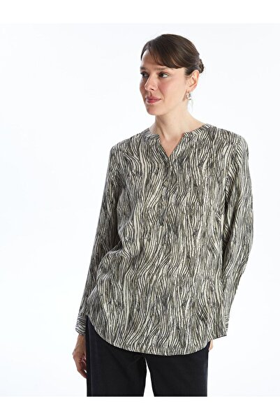 LC Waikiki Khaki Scoop Neck Patterned Long Sleeve Women's Blouse
