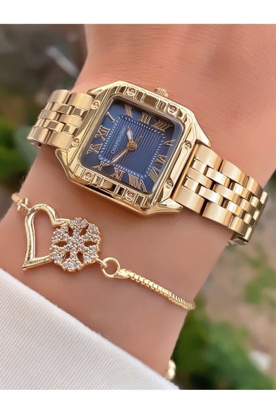 Merand طقم ساعة يد نسائية مع سوار – حبل معدني ذهبي اللون – موديل أنيق بتفاصيل حجرية