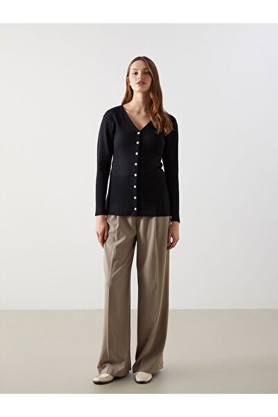 LC Waikiki Black V-Neck Women's Knitwear Cardigan