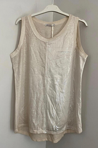 AYASOFYA OTANTIK Γυναικεία ιταλική μπεζ στρογγυλή λαιμόκοψη μπροστινή πλευρά ασημί αμάνικη μπλούζα μηδενικού μανίκι