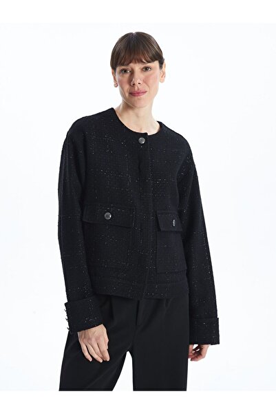 LC Waikiki Siyah Bisiklet Yaka Dokulu Kadın Tüvit Ceket