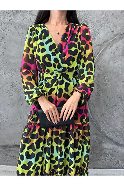 mass fashion Kadın Neon Leopar Kemerli Maxi Uzun Elbise