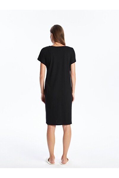 LC Waikiki Siyah Bisiklet Yaka Baskılı Kısa Kollu Hamile Gecelik