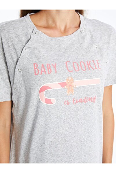 LC Waikiki Cămașă de noapte gri guler rotund cu imprimeu pentru gravide