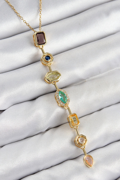 Marsilyan Brass Colored Zircon Stone Model Gold Color 7 Element Women's Y Necklace