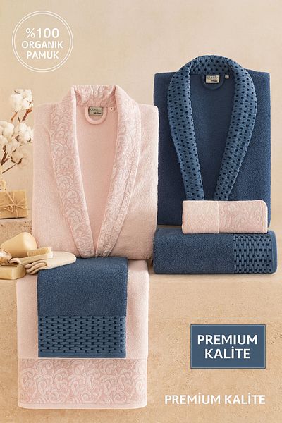 Evimcim 100% Cotton Crystal Dream Jacquard Family Bathrobe Set – Powder & Indigo – 6 Piece Luxury Set