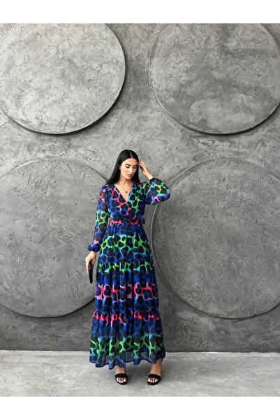 mass fashion Kadın Neon Leopar Kemerli Maxi Uzun Elbise
