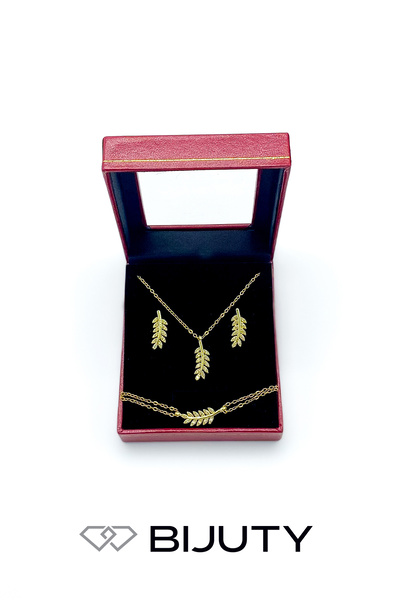 Bijuty Zeytin Dalı Model Altın Renk Çelik Zincirli Kolye - Küpe - Bileklik 3'lü Set