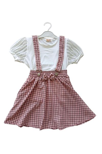 Kamex Girl's 2-Piece Salopet Set with T-Shirt and Square Pattern