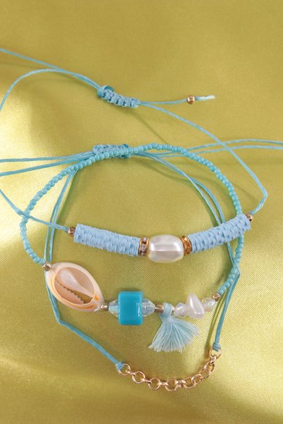 KEEBA 3-Piece Seashell Pearl Beaded Tassel Elevator Elastic Rope Bracelet. Women's Rope Bracelet Anklet
