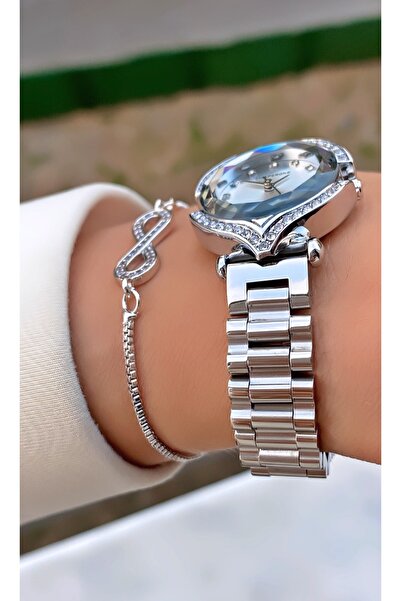 Merand Silver Color Special Design Jewelled Model Women's Wristwatch with Bracelet Gift