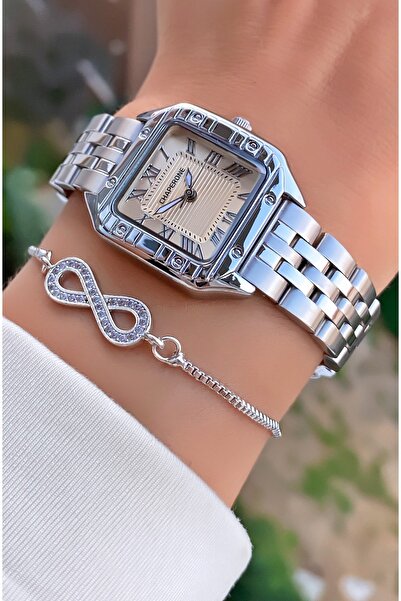 Merand Brand Silver Color Steel Cord Square Case Women's Wrist Watch - Bracelet Gift