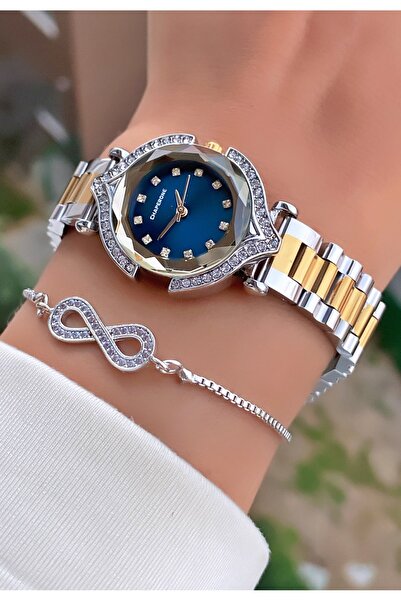 Merand Yellow Silver Color Special Design Navy Blue Dial Stone Model Women's Wrist Watch with Bracelet Gift