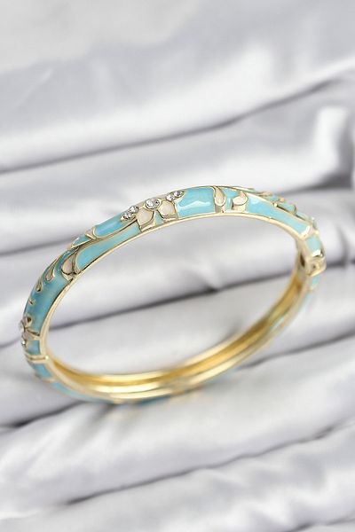 Clariss Mineli Brass Zircon Stone Turquoise Flower Motif Gold Women's Handcuffs