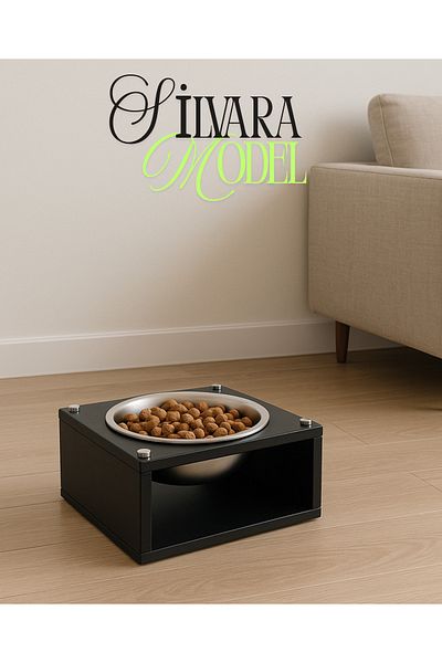 Okay Modern Cat Dog Food Stand Wooden Body - Food and Water Stand with Stainless Steel Bowl Silvara Model