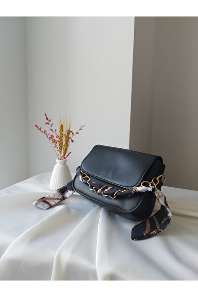 VivazzaLuxe Mini Fular Detaylı Siyah Deri Kadın El, Omuz, Clutch Çanta