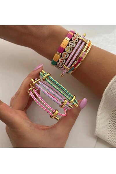 Xui Çift Renkli Ayarlanabilir Çelik Detaylı Örme İp Bileklik