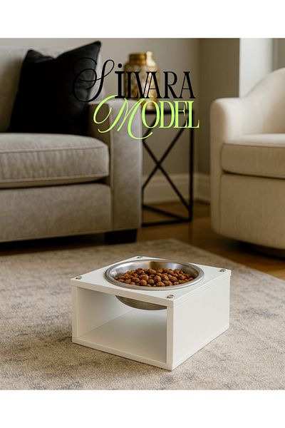 Okay حامل طعام الحيوانات الأليفة الحديث للقطط والكلاب، هيكل خشبي - حامل طعام وماء مع وعاء من الفولاذ المقاوم للصدأ موديل Silvara