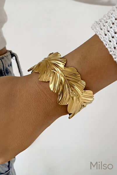 MİLSO سوار نسائي على شكل ورقة شجر ذهبية اللون - ستانلس ستيل، تصميم عصري وطبيعي