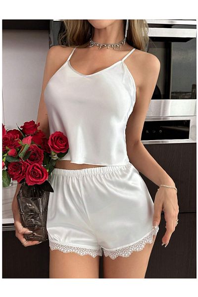 Bleu Petite White Satin Fabric Lace Shorts Pajama Set