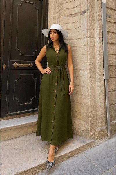 modamtn Women's Button Detail Belt Included Dress