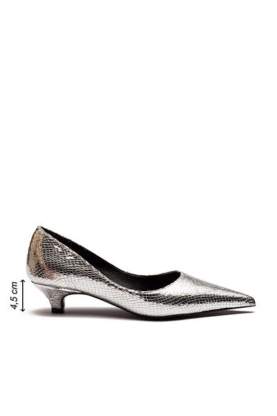 Dedos Silver Women's Snake Leather Patterned Stiletto Evening Dress Stone Embroidered Pointed Toe Closed Short Heeled Shoes
