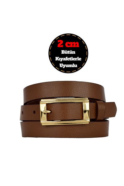 GoDeri 100% Genuine Leather Gold Color Rectangular Buckle Brown Women's Belt 2cm Fits All_Yeni.Dik