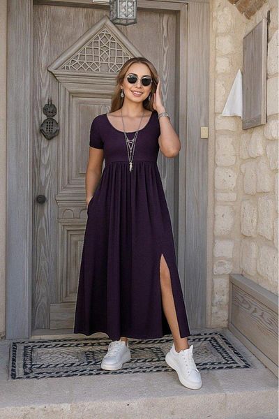 modamtn Women's Short Sleeve Round Neck Front Slit Pocket Viscose Long Dress