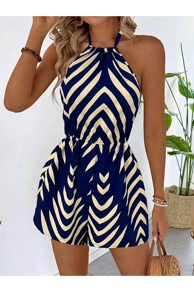 Cbm Women's Halter Neck Patterned Single Jersey Jumpsuit