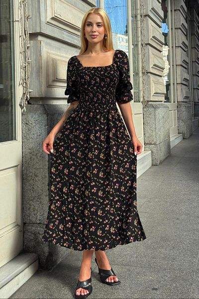 AYASOFYA OTANTIK Women's Black Patterned Ethnic Authentic Short Sleeve Dress
