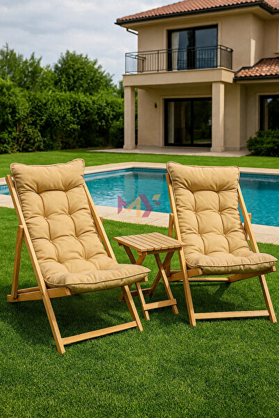 Myend Minderli Katlanır Ahşap Şezlong Takımı – 2 Adet Şezlong + 1 Sehpa Bahçe, Balkon, Teras Şezlongu