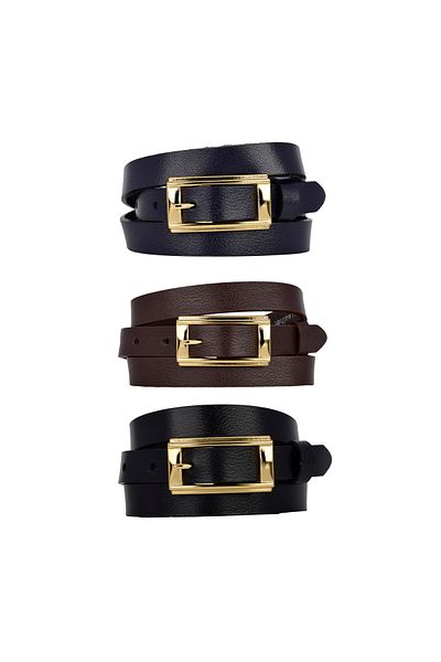 GoDeri 100% Genuine Leather Set of 3 Gold Color Buckle 2 cm Women's Belt Black, Navy Blue, Dark Brown Y.Dik
