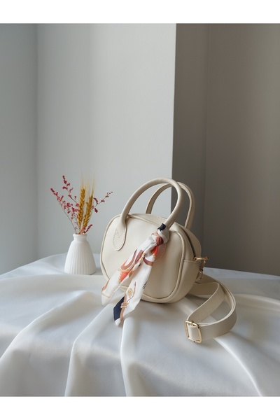 VivazzaLuxe Fular Detaylı Krem Deri Mini Trend Kadın El ve Omuz Çantası – Sad...