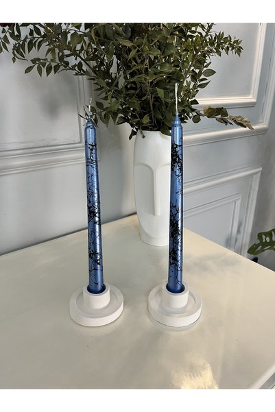 Verda Desing 🥇Dekoratif Siyah Mermer Desenli Metalik Mavi Şamdan Mumu 3 lü set