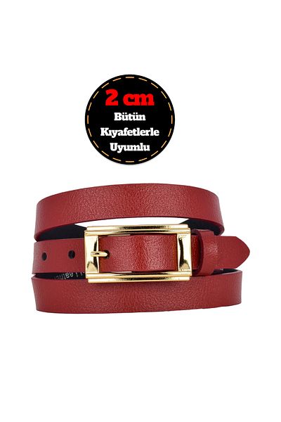 GoDeri 100% Genuine Leather Gold Color Rectangular Buckle Red Women's Belt 2cm Fits All Clothes_Yeni.Di