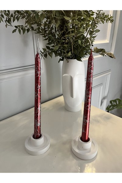 Verda Desing 🥇Dekoratif Gümüş Mermer Desenli Metalik Kırmızı Şamdan Mumu 3 lü set